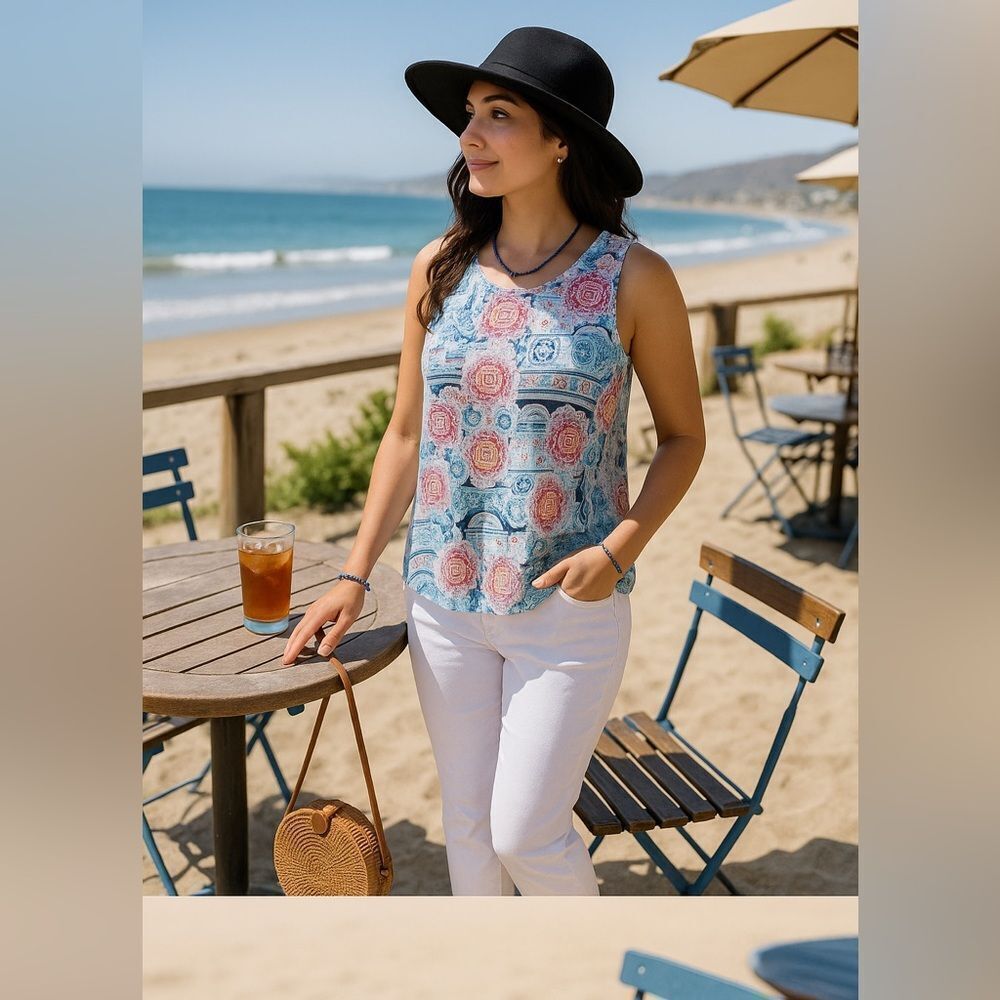 J. Jill 🌸 Love Linen Boho Mosaic Tank Top Sz L | Summer Resort Chic 🏖️ EUC